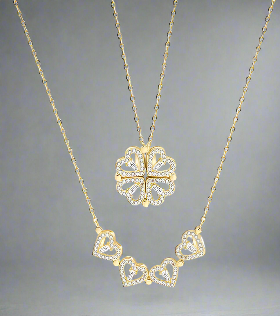 Four Leaf Clover Magnetic Folding Heart Crystal Pendant Necklace