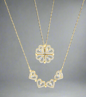 Four Leaf Clover Magnetic Folding Heart Crystal Pendant Necklace