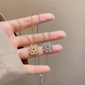 Four Leaf Clover Magnetic Folding Heart Crystal Pendant Necklace