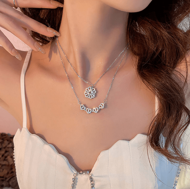 Four Leaf Clover Magnetic Folding Heart Crystal Pendant Necklace