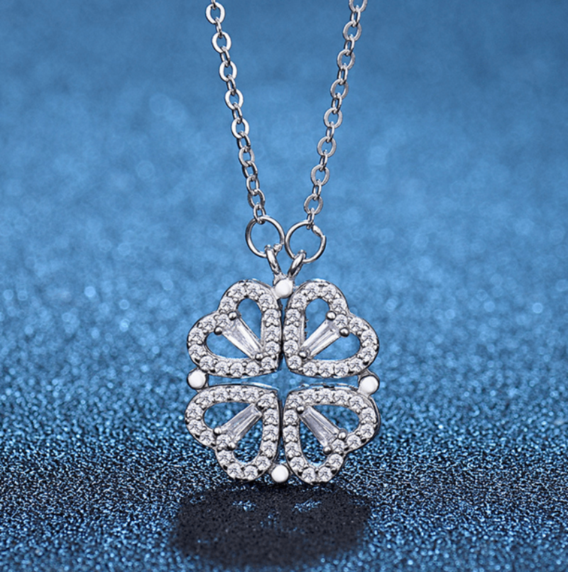 Four Leaf Clover Magnetic Folding Heart Crystal Pendant Necklace