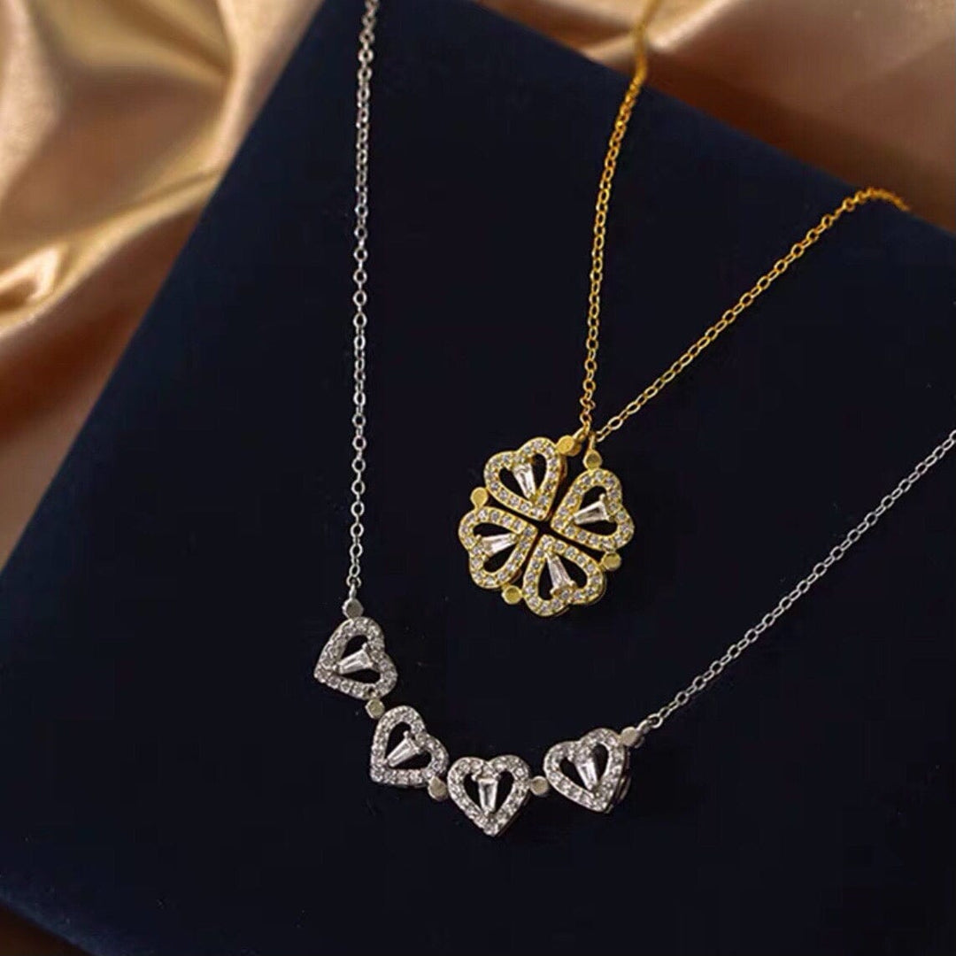 Four Leaf Clover Magnetic Folding Heart Crystal Pendant Necklace