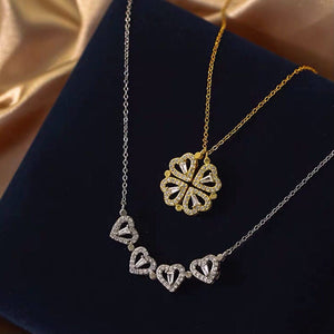 Four Leaf Clover Magnetic Folding Heart Crystal Pendant Necklace